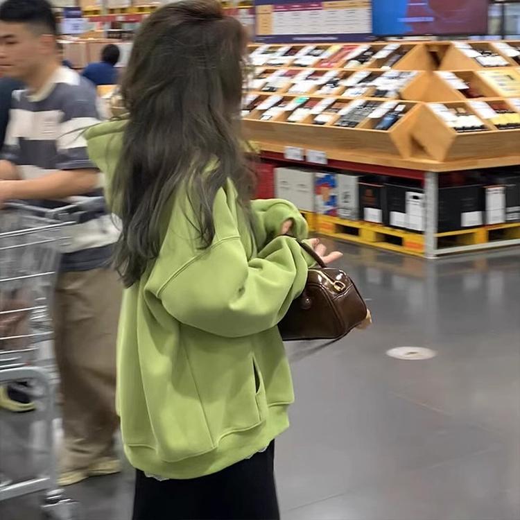 慵懒风oversize字母植绒印花连帽卫衣女秋冬加绒宽松抹茶绿色外套