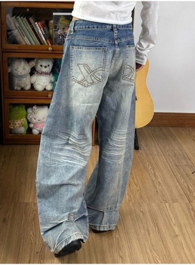 美式复古高腰弯刀牛仔裤女秋冬设计感加长宽松显瘦垂感阔腿拖地裤