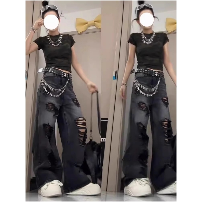 黑灰色破洞乞丐风牛仔裤女2025夏季新款宽松显瘦阔腿裤直筒拖地裤