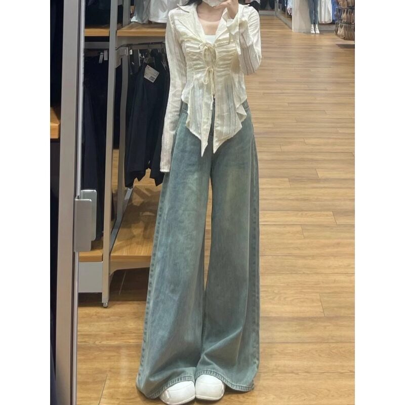 高个子加长版复古高腰大阔腿牛仔裤女秋季新款宽松显瘦垂感拖地裤