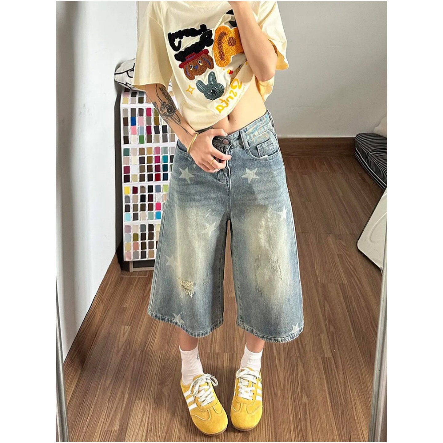 美式宽松水洗破洞牛仔短裤女2026夏季新款高腰直筒阔腿中裤七分裤