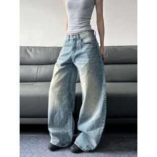 直筒休闲宽松显瘦百搭高腰阔腿长裤 女春夏新款 高街弯刀牛仔裤 美式