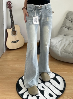 复古设计感破洞微喇叭牛仔裤女修身显瘦显腿长浅蓝色蕾丝花边拼接