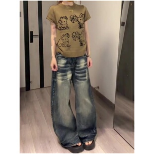 高腰显瘦休闲拖地裤 美式 弯刀裤 女春夏新款 复古水洗做旧阔腿牛仔裤