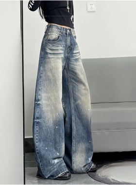 美式复古高街水洗做旧泼墨弯刀牛仔裤女冬季新款痞帅宽松显瘦裤子