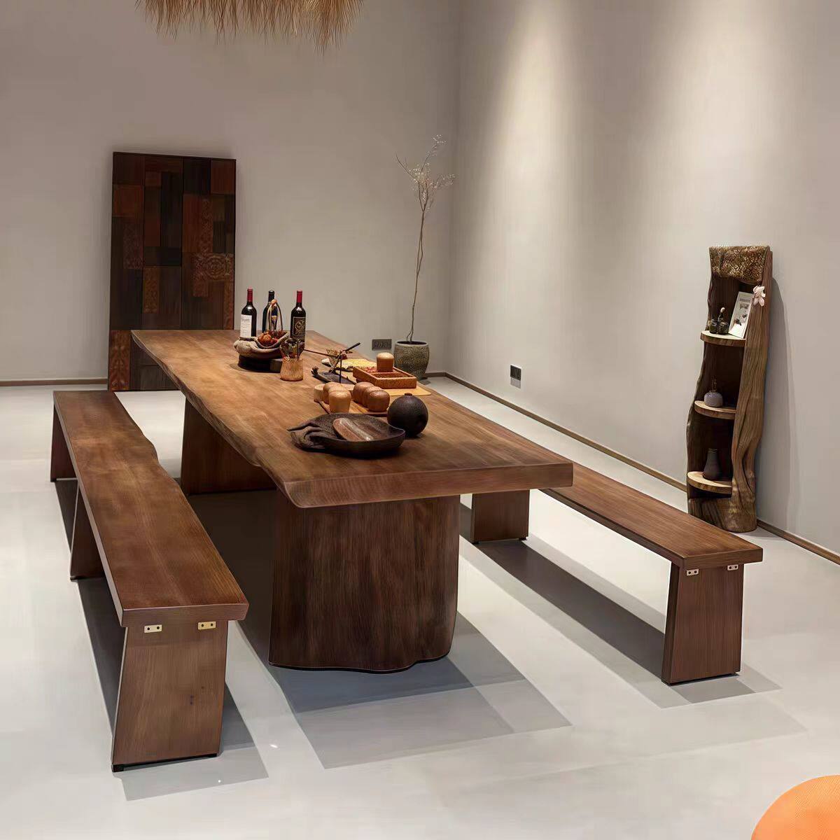 复古实木大板茶桌原木办公室会议桌民宿接待泡茶洽谈桌椅长条茶台