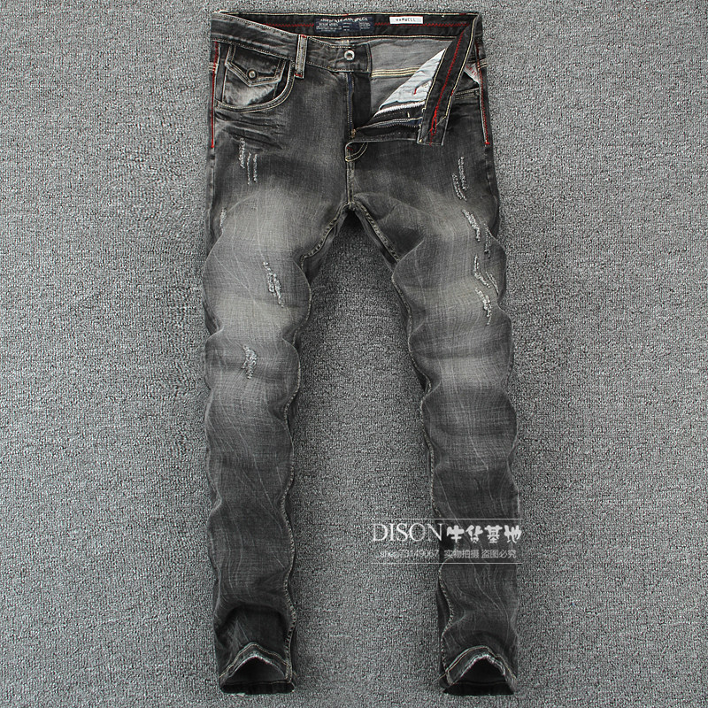 春秋新款欧美复古做旧破洞水洗黑灰色修身弹力直筒牛仔裤男潮欧美在类目 男装, 牛仔裤中 - 来自Buy2taobao.com提供专业的淘宝代购服务
