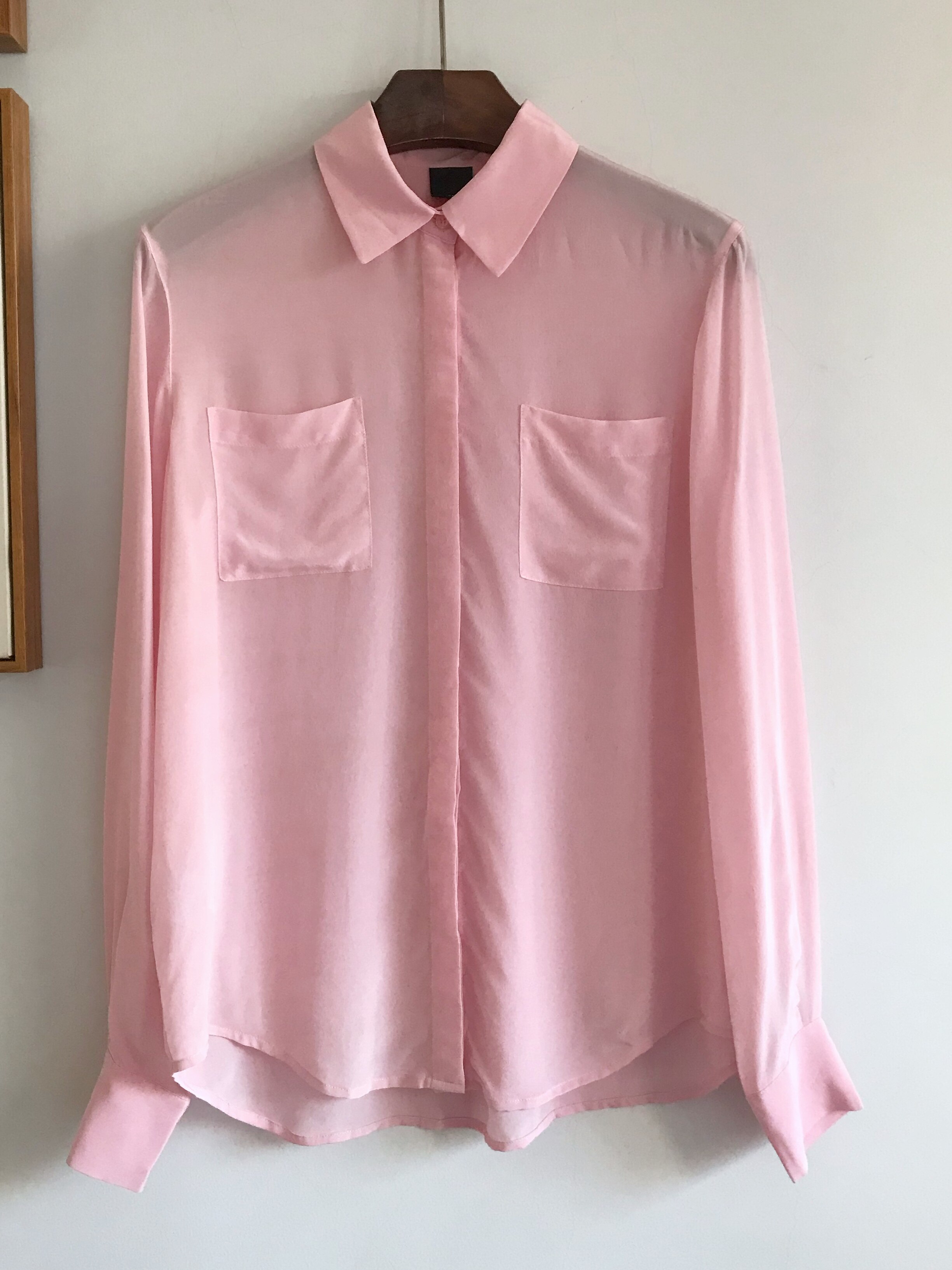 夏季新款pink0 真丝翻领长袖双袋暗门襟女士衬衫 女装桑蚕丝衬衣