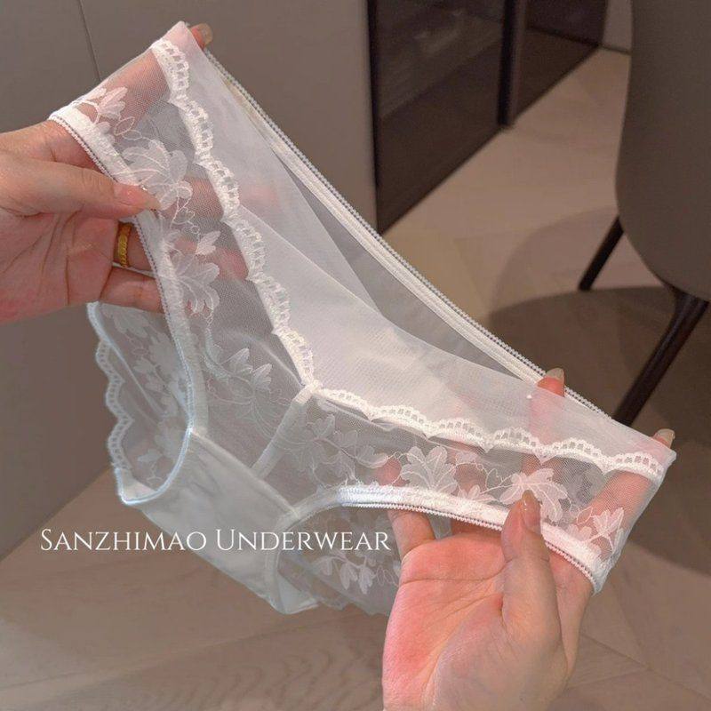 2025新款法式蕾丝纯欲纯色缎面镂空低腰三角内裤女透气全棉裆丝缎