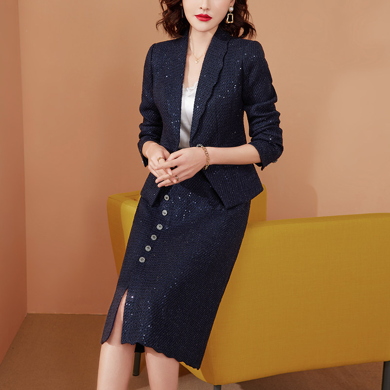 美妃雅2024年新款高级时尚秋季套装女西装外套洋气蓝色套裙两件套图片
