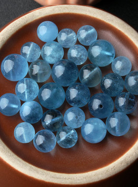 纯天然海蓝宝单珠手工diy蓝色圆珠散珠水晶串珠冰种魔鬼蓝色配件