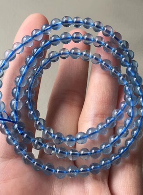 新款5mm天然海蓝宝三圈手链 精品级蓝色手串 女生水晶佛珠 保真
