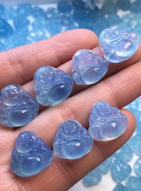 新款天然海蓝宝笑面佛吊坠蓝色石头大肚弥勒佛男女水晶情侣 包邮