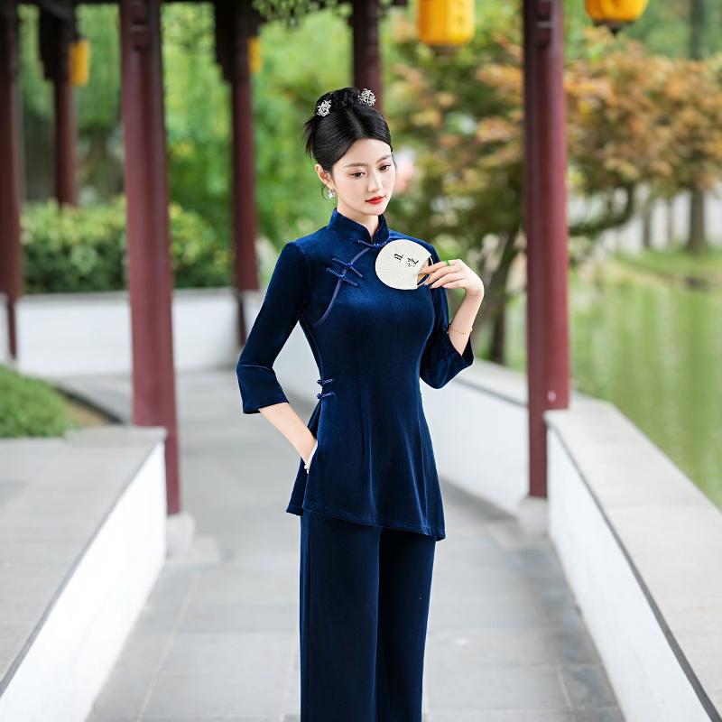 金丝绒时尚套装女春装旗袍上衣外旗袍