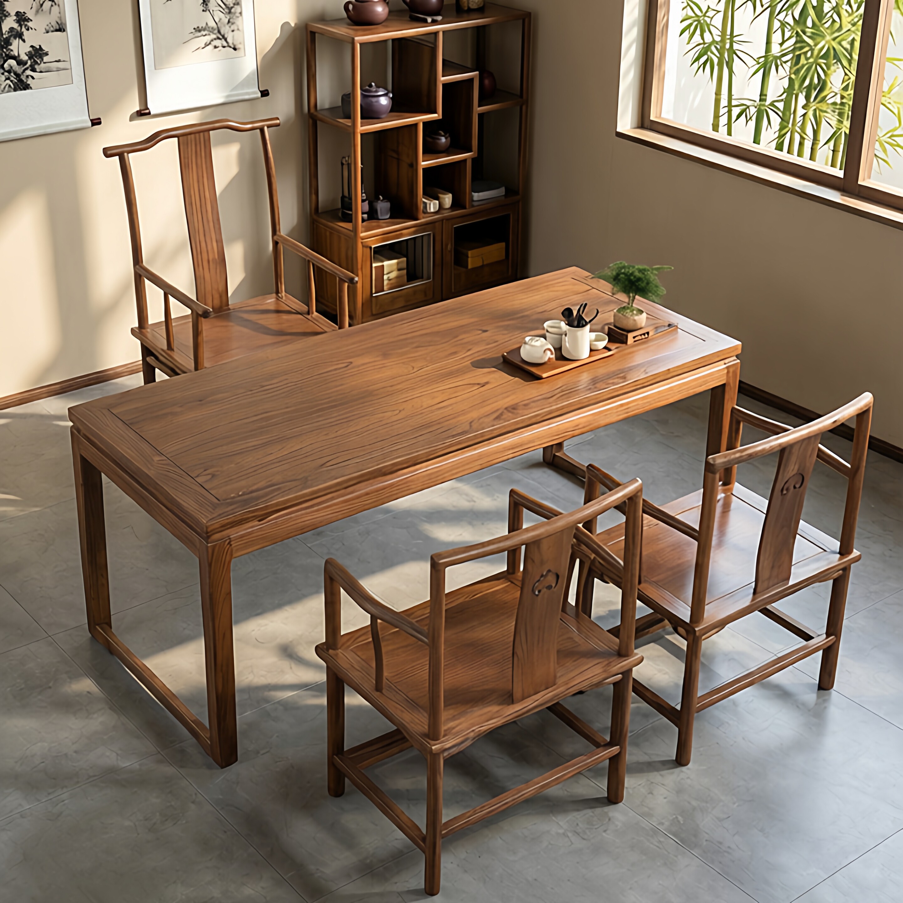 新中式茶桌椅组合老榆木泡茶桌实木茶台禅意客厅阳台茶桌家用书桌