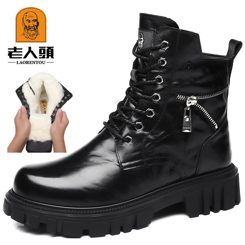 老人头正品男鞋冬季新款中高帮加绒加棉高档真皮头层牛皮男马丁靴