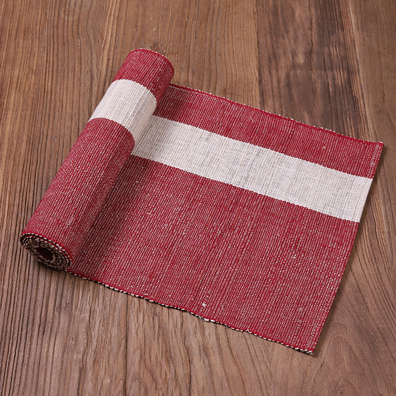 现代简约苎麻夏布茶席 中国风禅意麻布艺茶旗 喜庆暗红色中式桌旗
