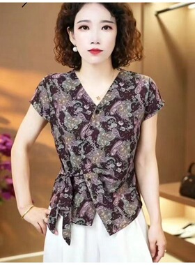 56精选正版2026优雅复古印花雪纺T恤女夏季V领系结收腰减龄百搭气