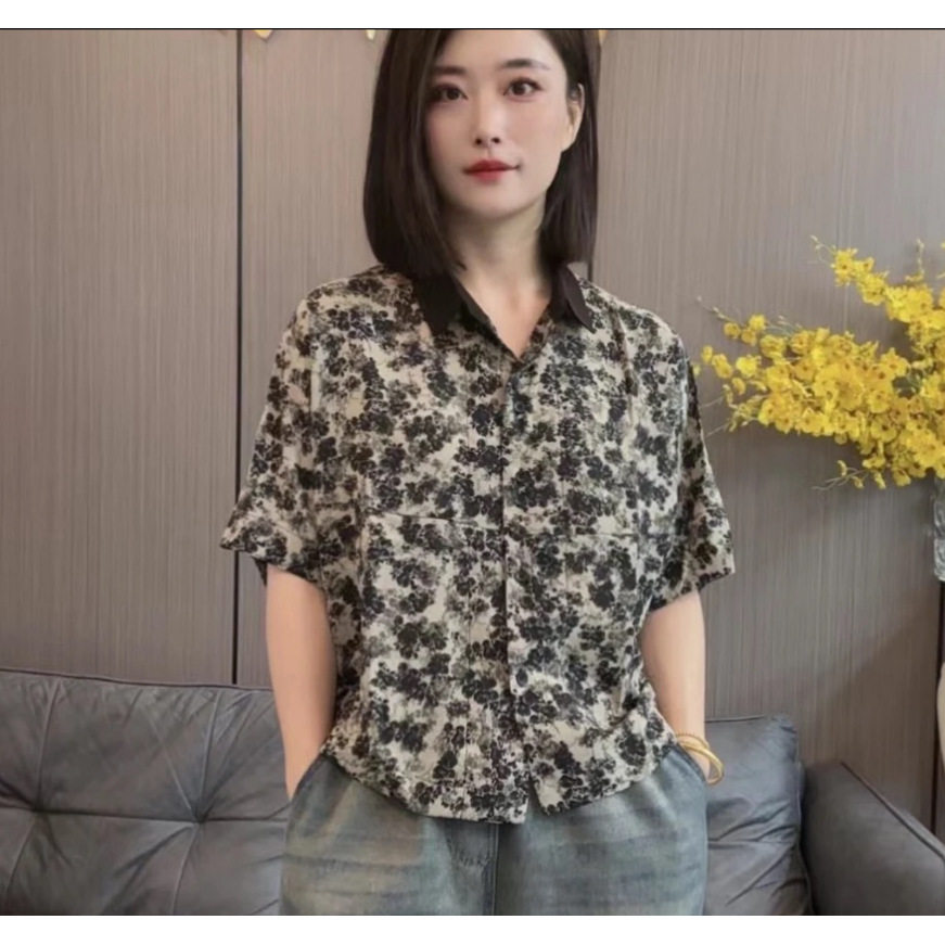 806精选正版夏季新款短袖衬衫时尚碎花宽松显瘦复古蝙蝠袖女士衬