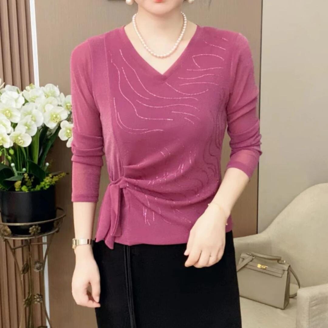 806精选正版新款长袖V领弹力网纱打底衫时尚气质烫钻女装上衣洋气
