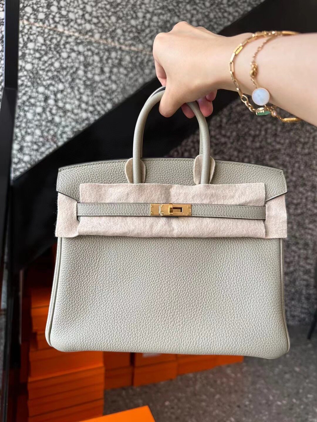 全新专柜正品女包birkin25鼠尾草灰金扣铂金包手提包包中检