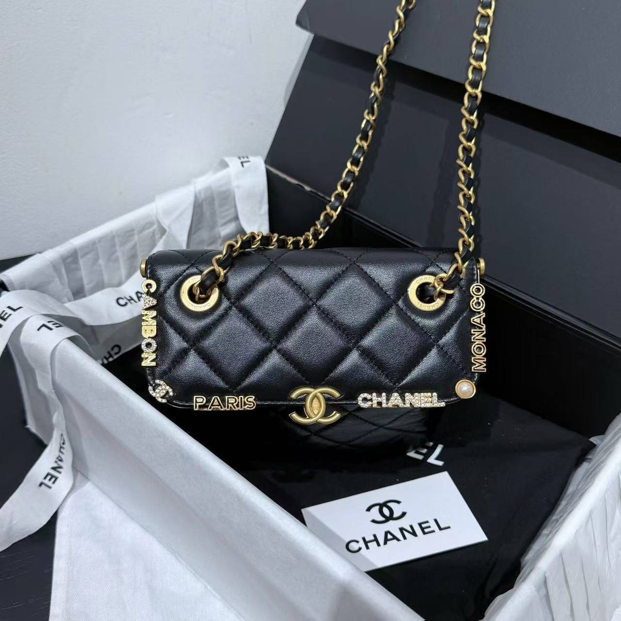 香奈儿Chanel23c黑金珐琅盒子包晚宴包芯片款单肩斜挎包女包