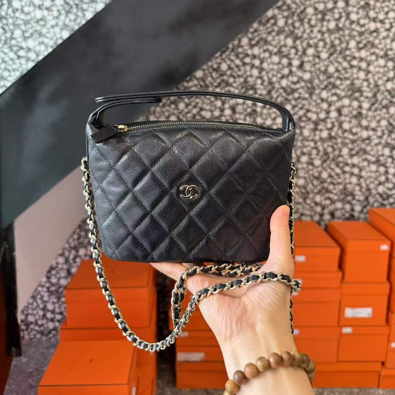 Chanel 香奈儿25C饭盒黑金hobo荔枝皮小号单肩斜挎包女包