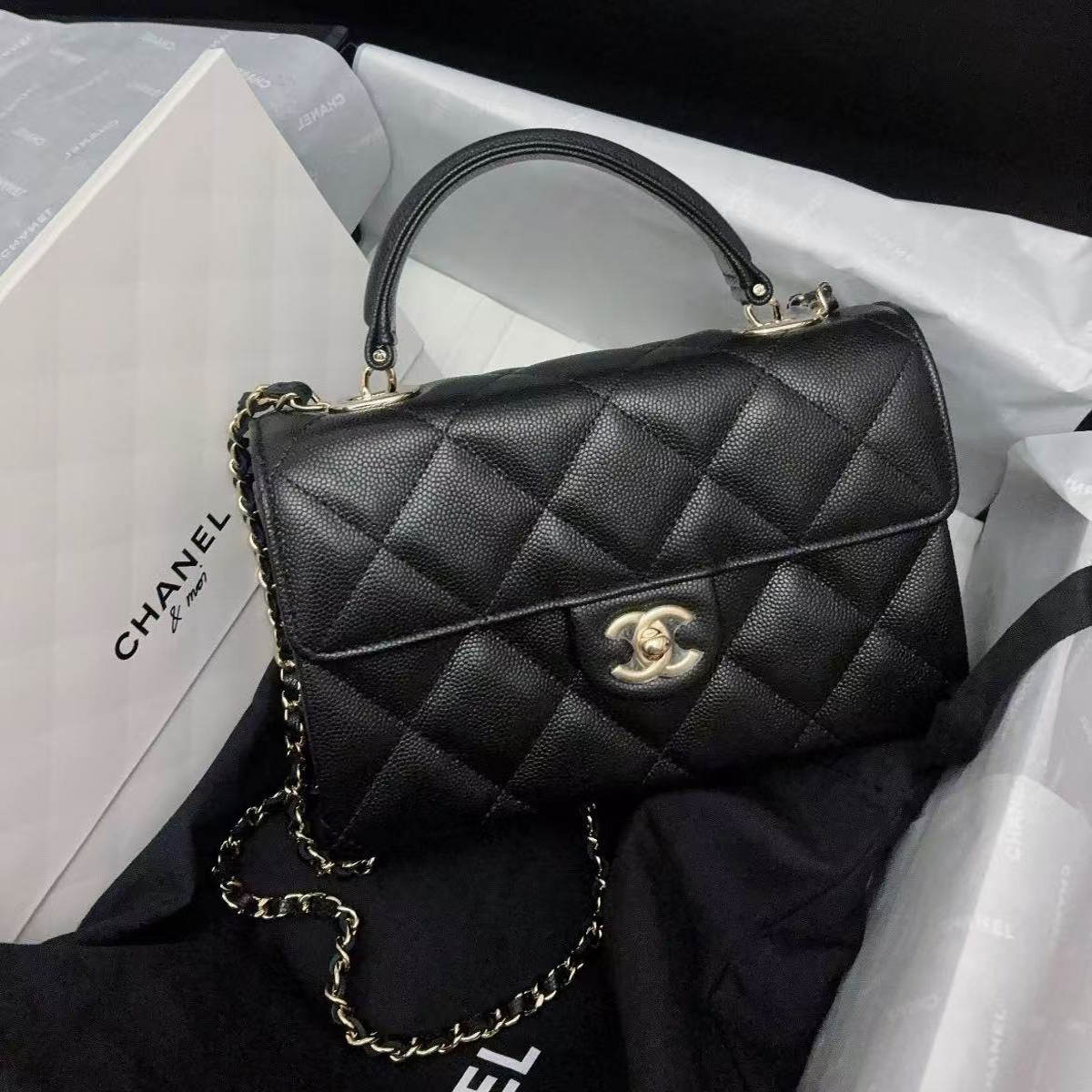 Chanel香奈儿25S新款黑金荔枝牛皮手柄方胖子手提斜挎包二手女包