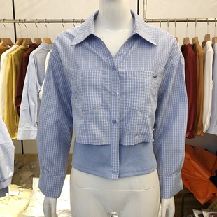 艾尚伊洛8075 时尚针织拼接衬衫女春新款小清新衬衣休闲格子小衫