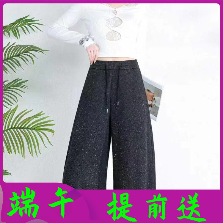 品牌8692 时尚松紧腰系绳休闲裤子女单裤春季新款洋气亮片宽腿裤