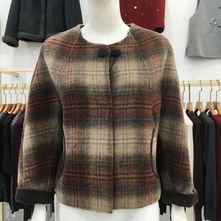 B6027 商场实拍短款格子双面呢羊驼毛外套女冬季新款韩版羊毛上衣