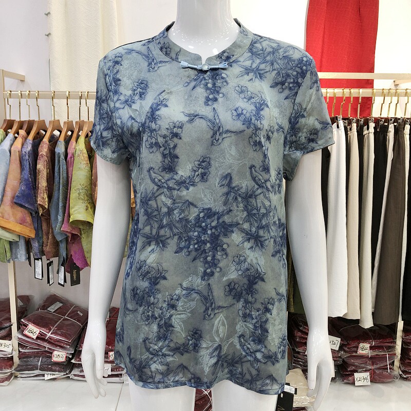 古玉轩1192 中年香云纱短袖中长小衫女夏季新款妈妈桑蚕丝缎上衣