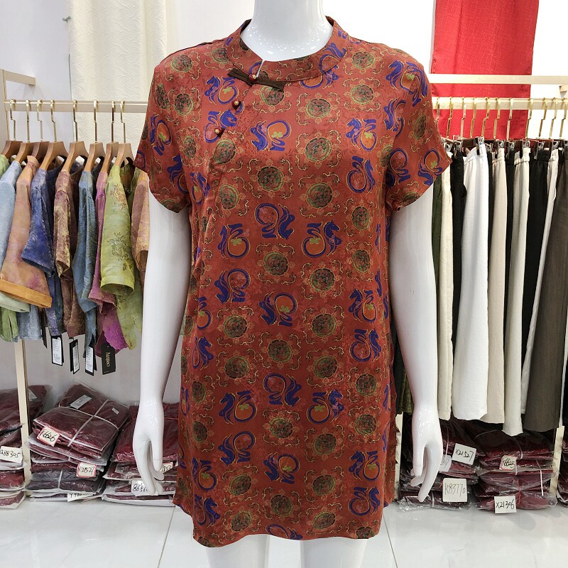 古玉轩X8631  桑蚕丝小衫女士中长上衣夏新款妈妈短袖真丝缎T恤衫