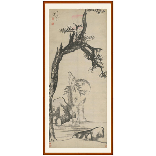 朱耷八大山人挂画装饰画客厅松鹿图卧室宣纸字画花鸟书法竖版卷轴