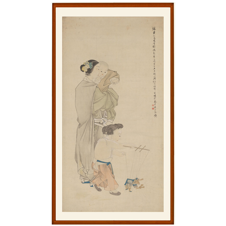 任伯年挂画仕女婴戏图国画客厅高清人物画装饰画非手绘竖版卷轴画