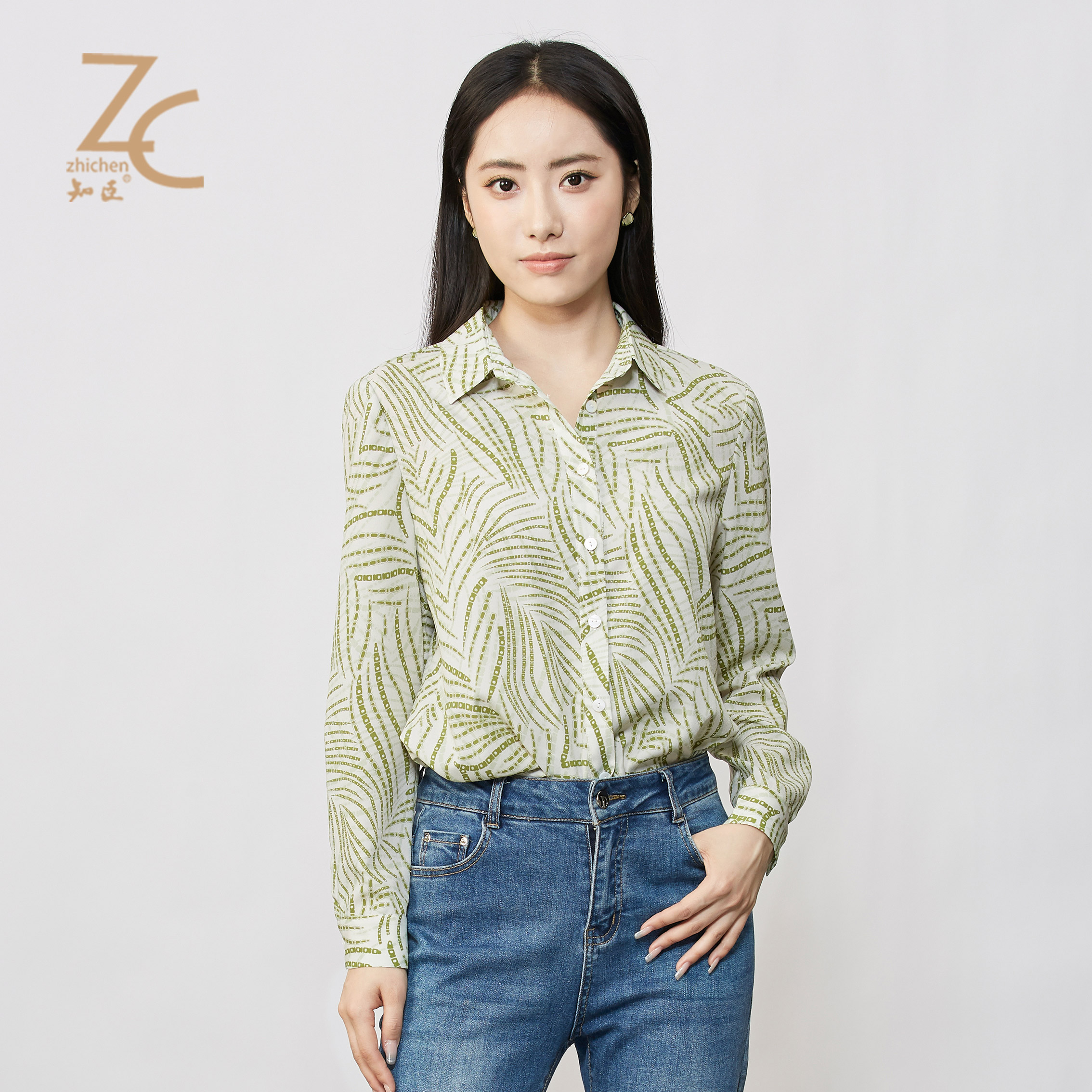 知臣早秋新品 单排扣树叶条长袖宽松衬衫女 12241015