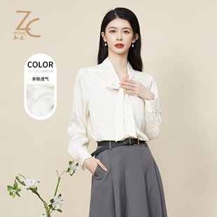 女 ol宽松长袖 T23123063 飘带重工花卉暗纹提花衬衫 知臣春新款