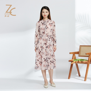 知臣春季新品 A型长袖水墨画雪纺长款连衣裙 22221032