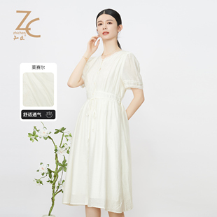 T24852021 简约气质蕾丝刺绣绣花连衣裙女 新品 知臣夏季