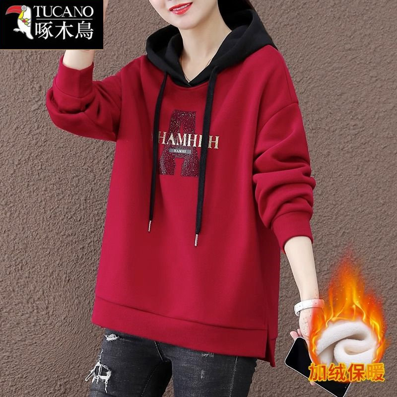 啄木鸟2025蛇年红色加绒卫衣女士新款秋冬连帽拼色宽松设计感上衣