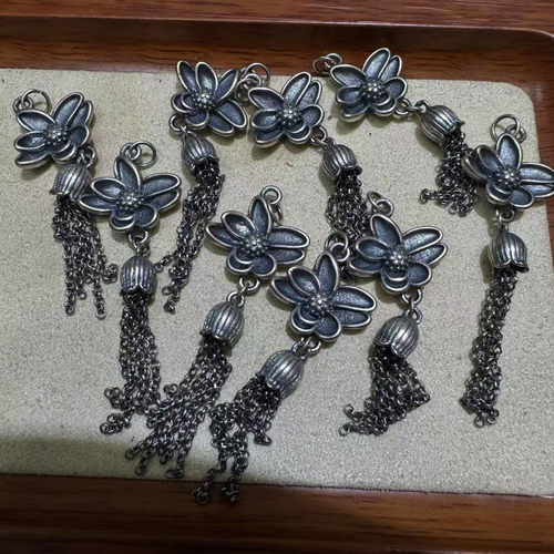DIY精工三七老银莲花流苏吊坠手工编绳文玩佛珠手串项链串珠配饰