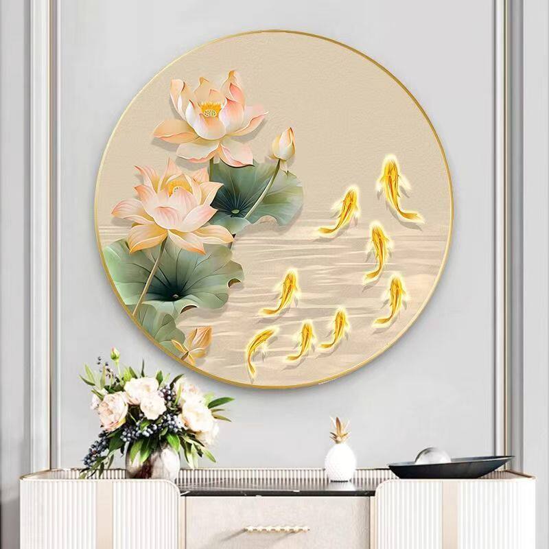 荷花九鱼图圆形玄关十字绣2026新款客厅线绣现代卧室手工自己刺绣