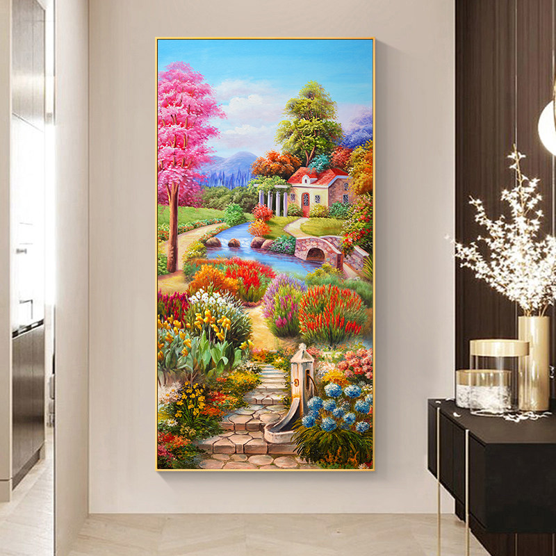 花园小屋风景画竖版十字绣2024客厅新款线绣玄关小件手工自己刺绣