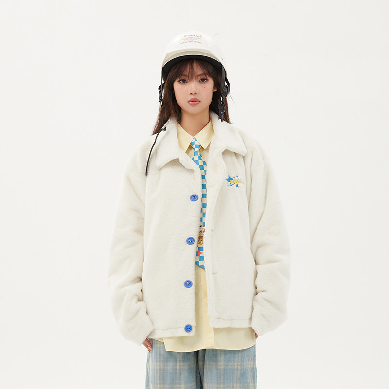 【OAKAO官方店】兔毛蓝纽扣刺绣LOGO羊羔绒外套棉服加厚男女同款