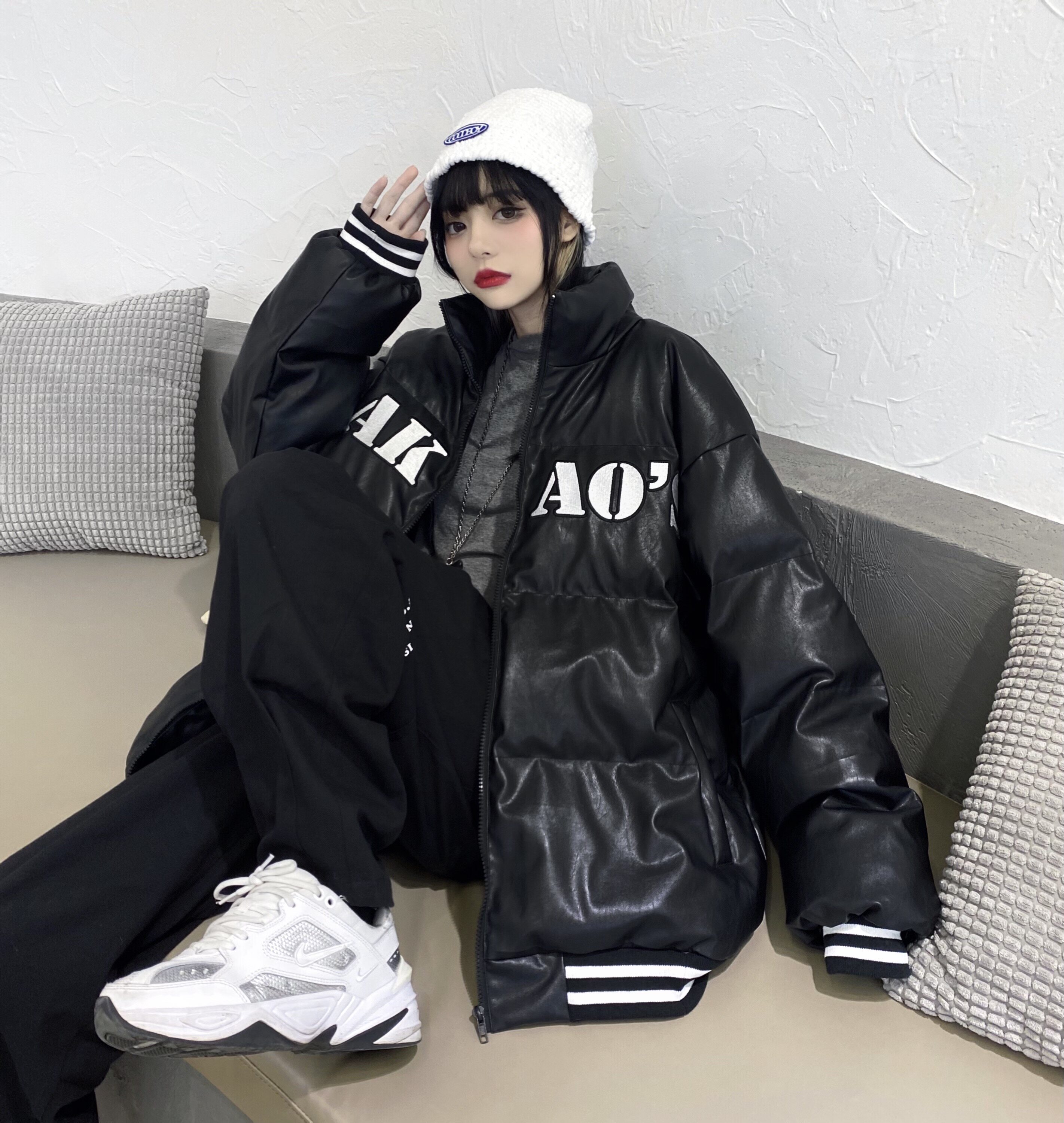 【OAKAO官方店】 棒球PU加厚棉服嘻哈宽松大衣棉衣外套男女同款潮