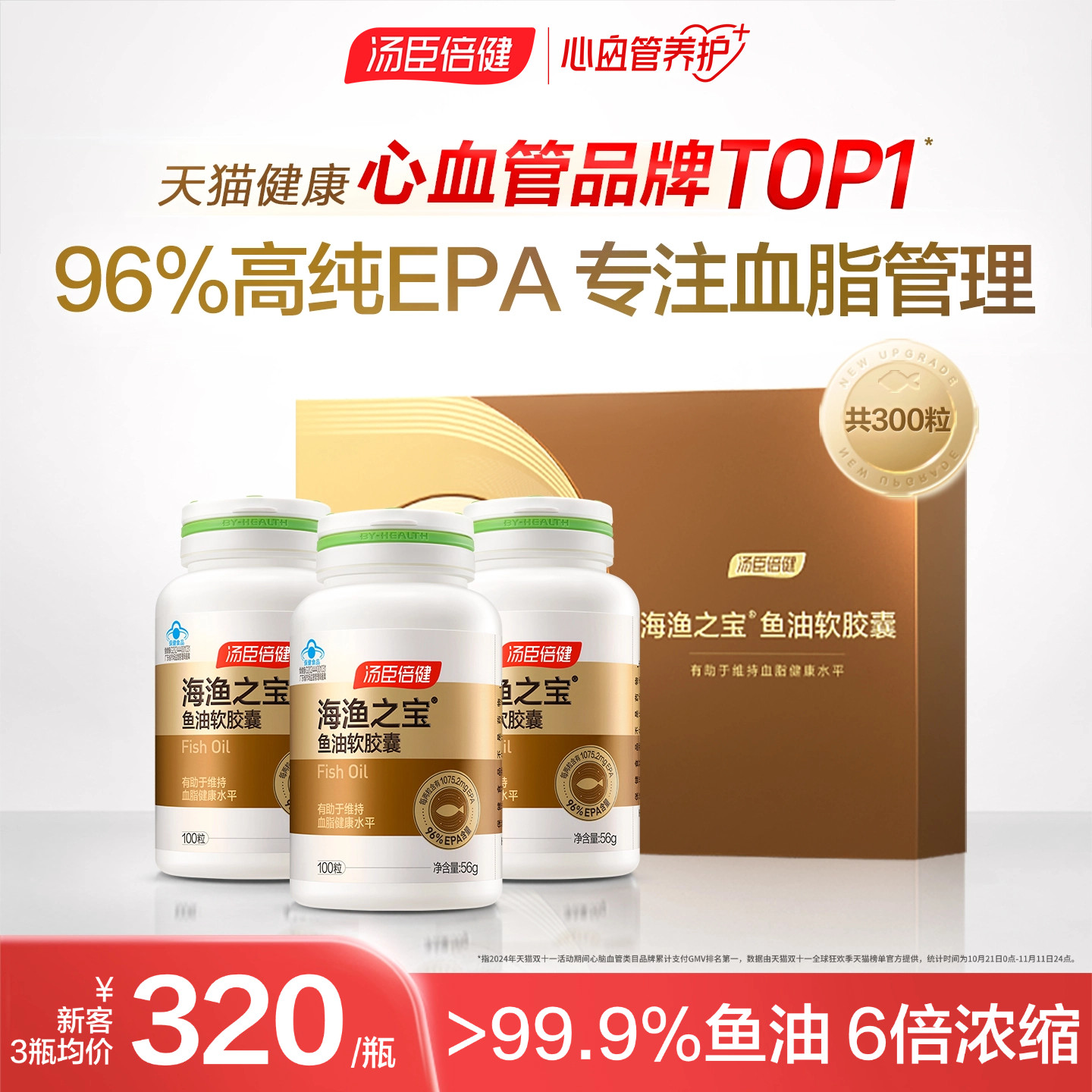 汤臣倍健EPA鱼油96%高纯度omega3深海鱼油软胶囊中老年降血脂蓝帽