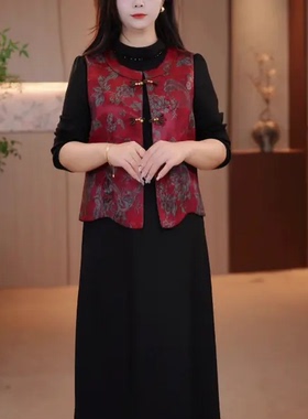 26年国风新中式红色提花段面大码女装盘扣真两件马甲连衣裙套装