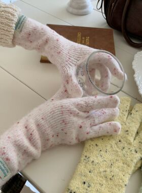 韩系博主同款点子纱针织毛线手套女秋冬百搭保暖五指骑行简约手套
