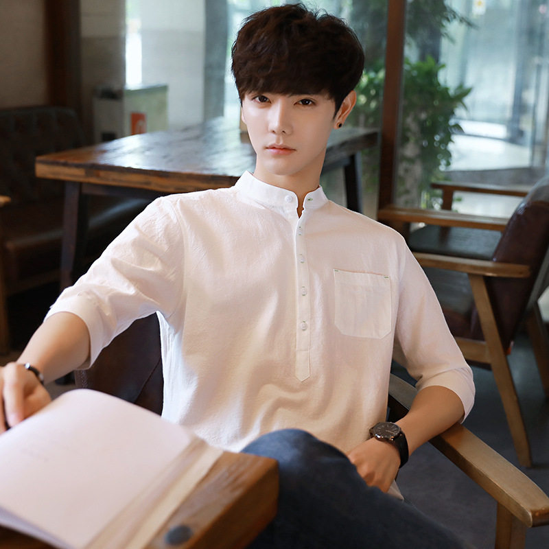 衬衫男式套头衫夏季纯棉七分袖衬衫韩版时尚立领衬衣寸衣纯色半袖|ruв категории Женская одежда, рубашка - от Buy2taobao.com для оказания профессиональной услуги покупки агента Taobao