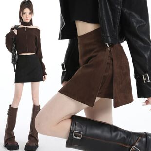 高腰显瘦辣妹短裙裤 美拉德麂皮绒开叉半身裙秋冬2025百搭新款 大码
